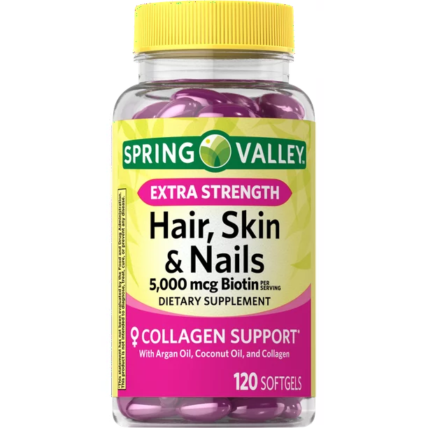 Spring Valley Hair, Skin & Nails Dietary Supplement, Gel Capsules, 5,000 Mcg, 120 Count